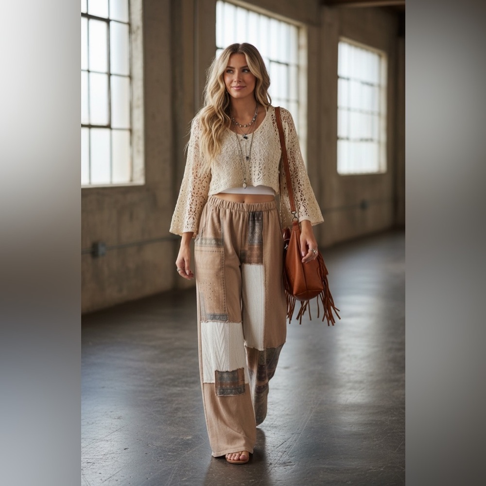 NWT J. Her Patchwork Cable Knit Bandana Boho Print Mixed Media Wide Leg Pants - Picture 8 of 13